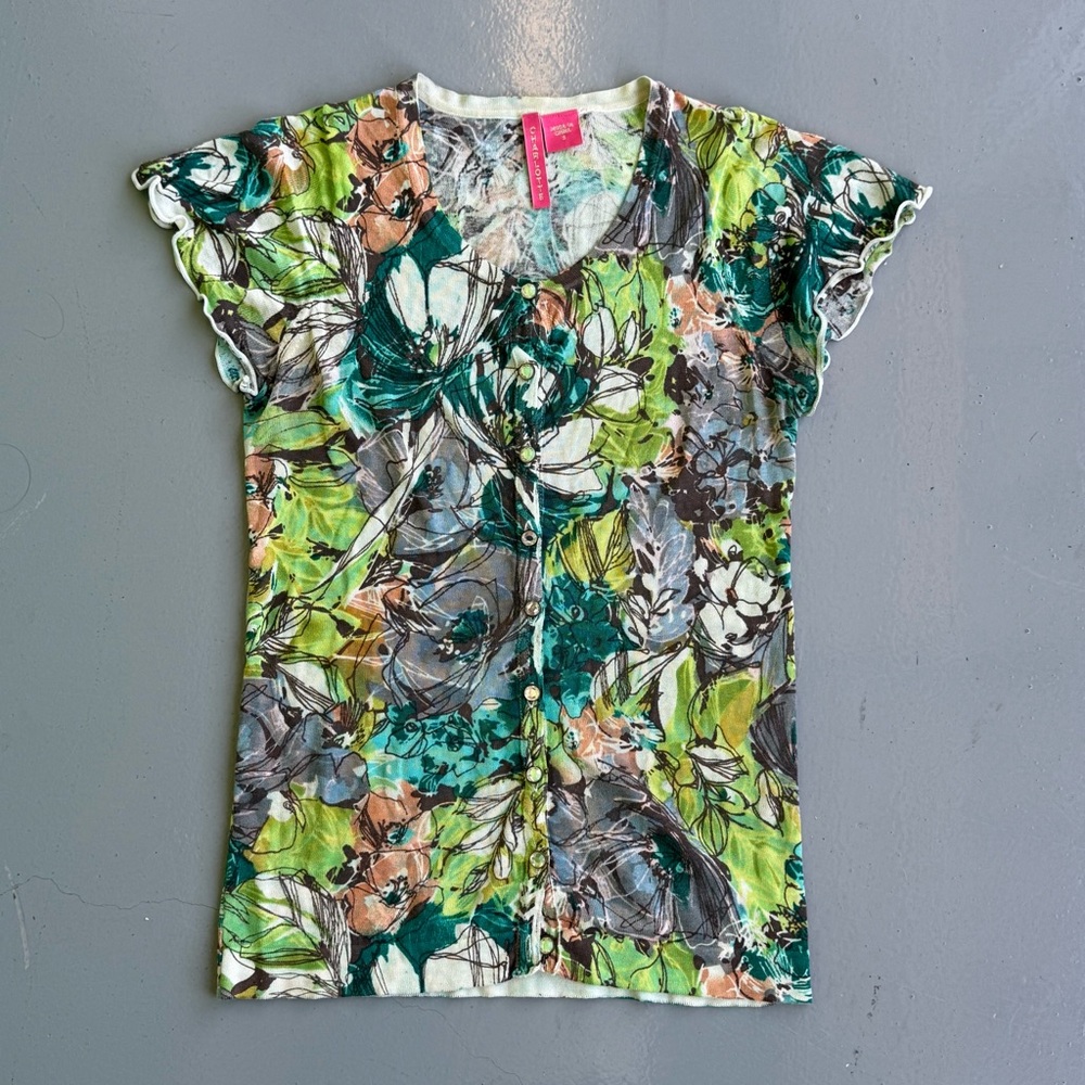 Y2K Floral Button-Up Top with Ruffled Sleeves size Small